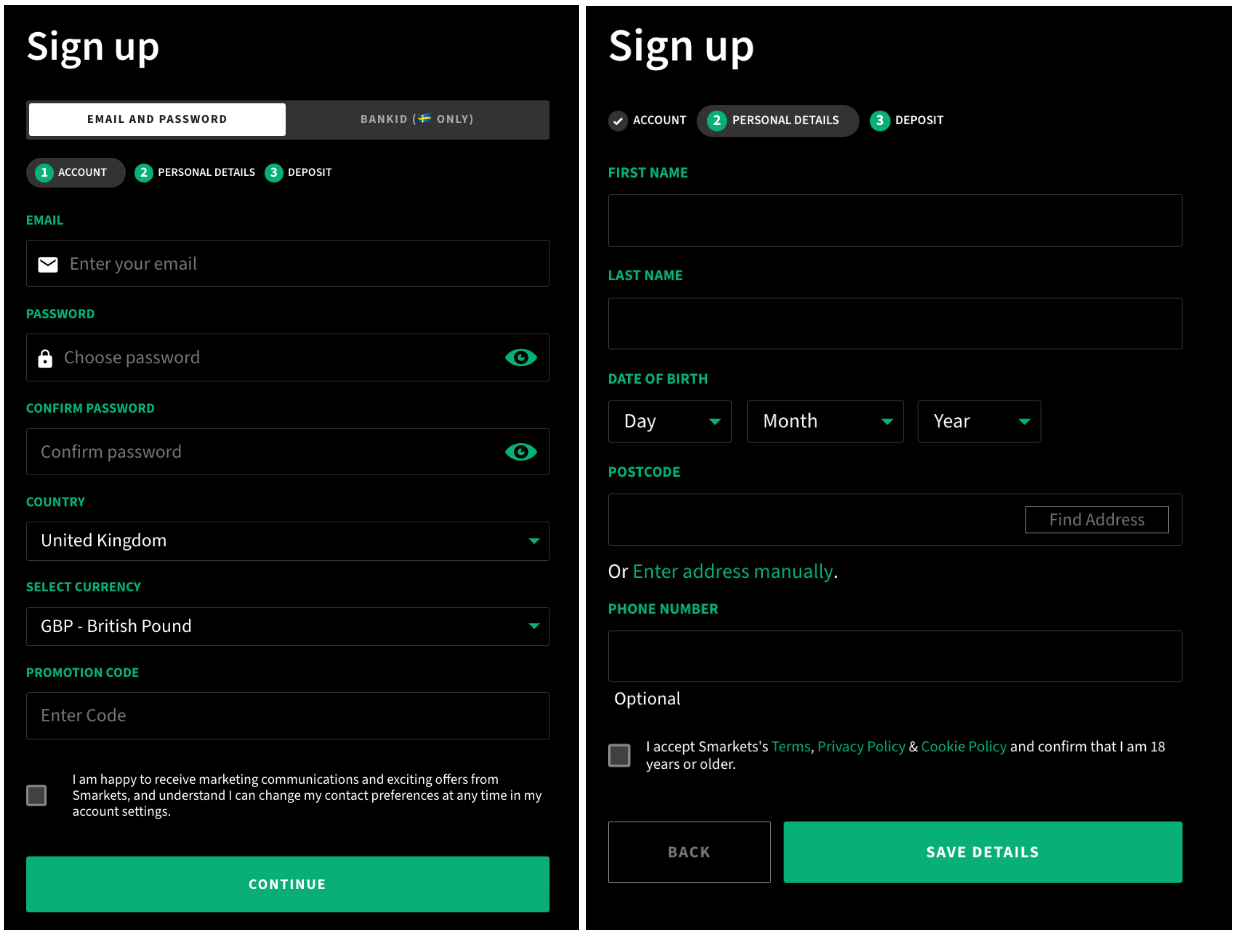 Smarkets' registration process, showing email/password/country/currency on first page, and address, DOB and phone number on second page